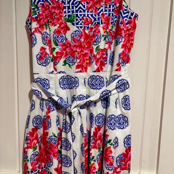 Talbots Women's Mosaic Floral Sateen Pleated Dress Fit Flare Size 12 Sleeveless - Picture 2 of 11